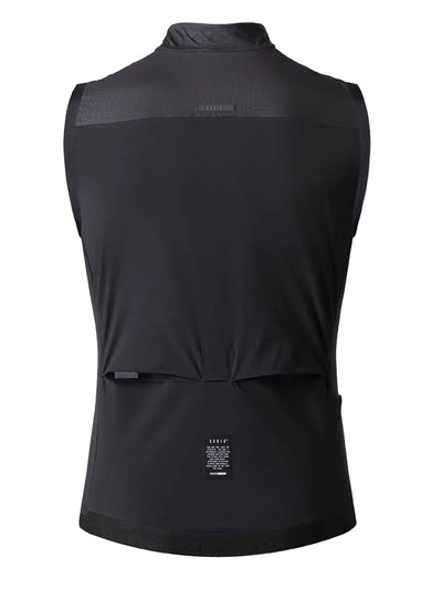 Rear of Gobik Men's Crow Cycling Vest in black, ultralight with heat evacuation openings and lumbar reflectors.