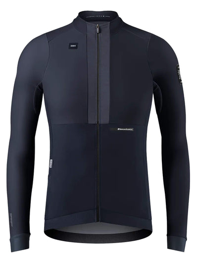 Men's Hyder Blend Jersey in navy, combining solid and sublimated fabrics for cool-weather cycling.