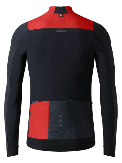 Red and black long sleeved cycling jersey with eVent® DVstretch™ insulating membrane for optimal wind resistance and aerodynamics.