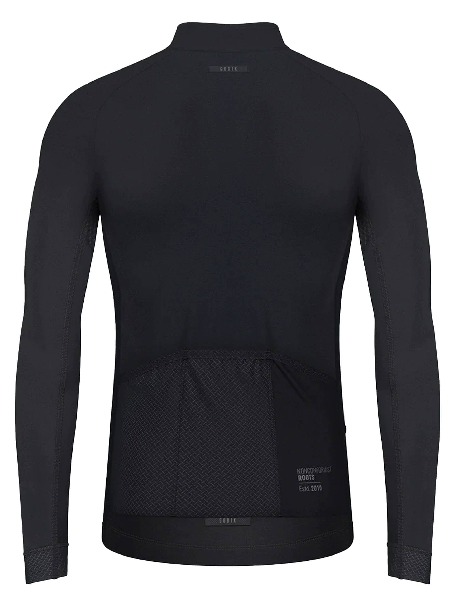 GOBIK Pacer Solid Long Sleeve Jersey - Men's in black, showing back view with three rear pockets for cycling essentials