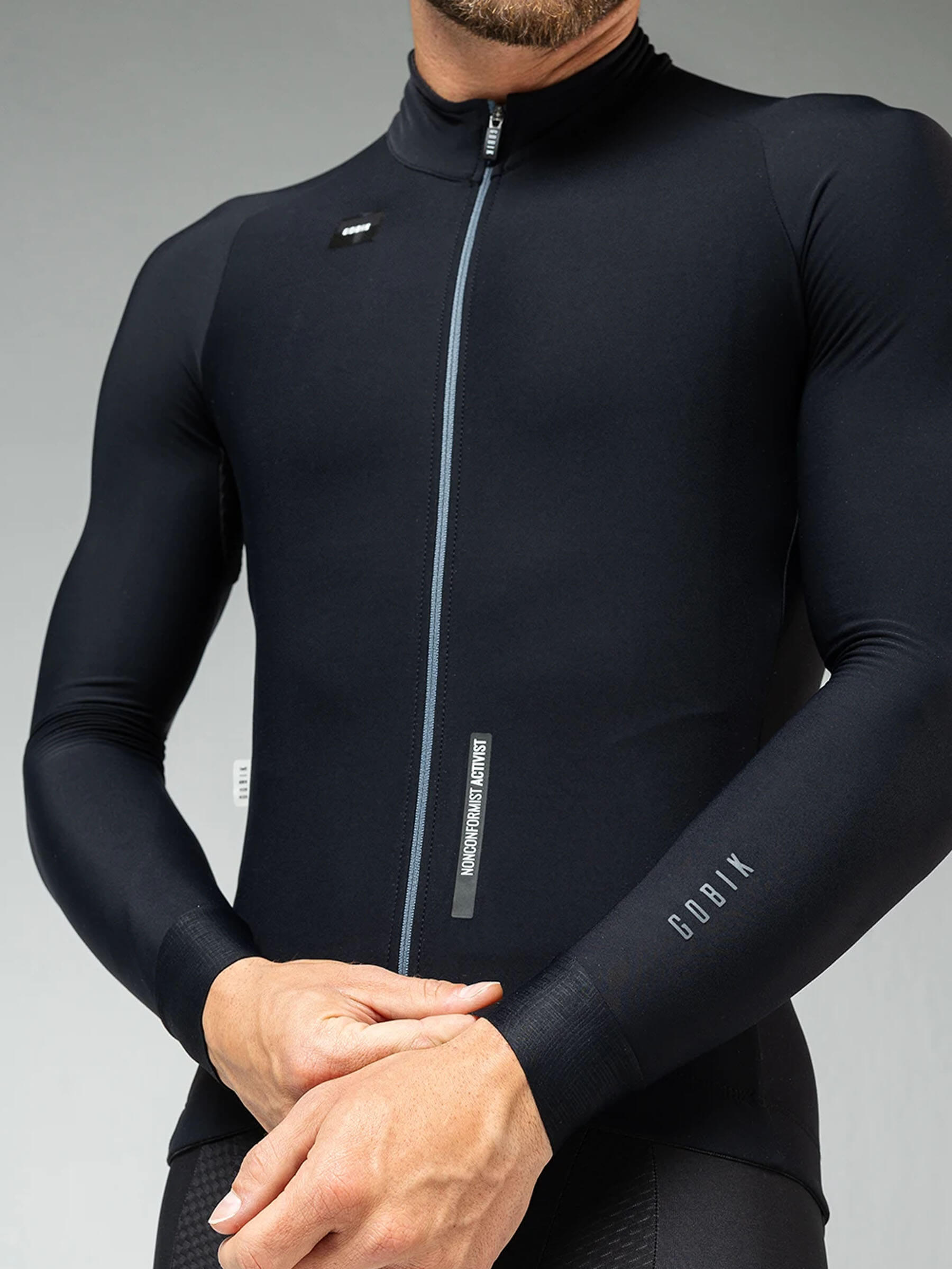 GOBIK Pacer Solid Long Sleeve Jersey - Men's fitted black cycling top with full zipper and minimalist design