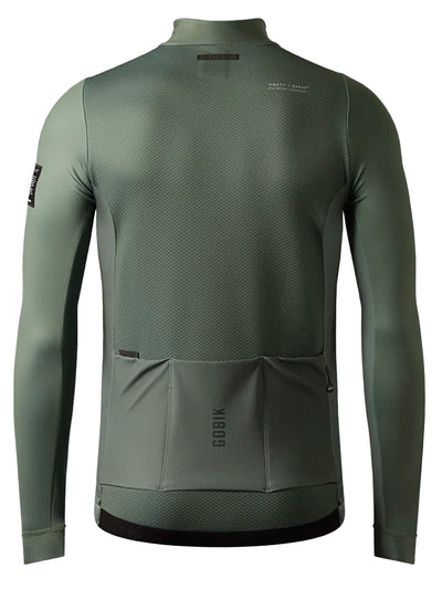 GOBIK Skimo Pro men's jacket in hedge green with wind-protective front panel and sleeves, thermal lined back, and multiple pockets, suitable for 0-12C.