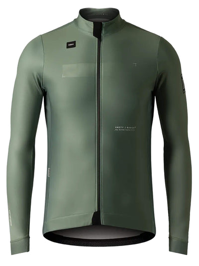 GOBIK Skimo Pro men's jacket in hedge green with wind-protective front panel and sleeves, thermal lined back, and multiple pockets, suitable for 0-12C.
