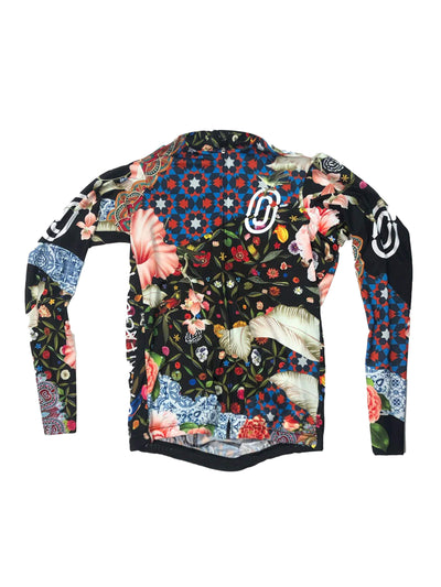 Men's Ostroy Omloop long-sleeve jersey featuring a colorful blend of Flanders-inspired motifs, cannabis leaves, and bird etchings.