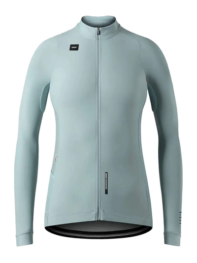 Women's GOBIK Pacer long sleeve jersey in pale hakone green, with breathable mesh armpit panels.
