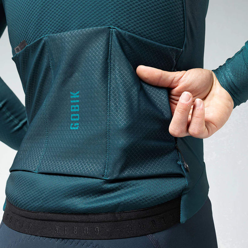 Rear view of GOBIK Skimo Pro Hydro jacket in teal, with reflective details and three back pockets for storage during low temperatures.