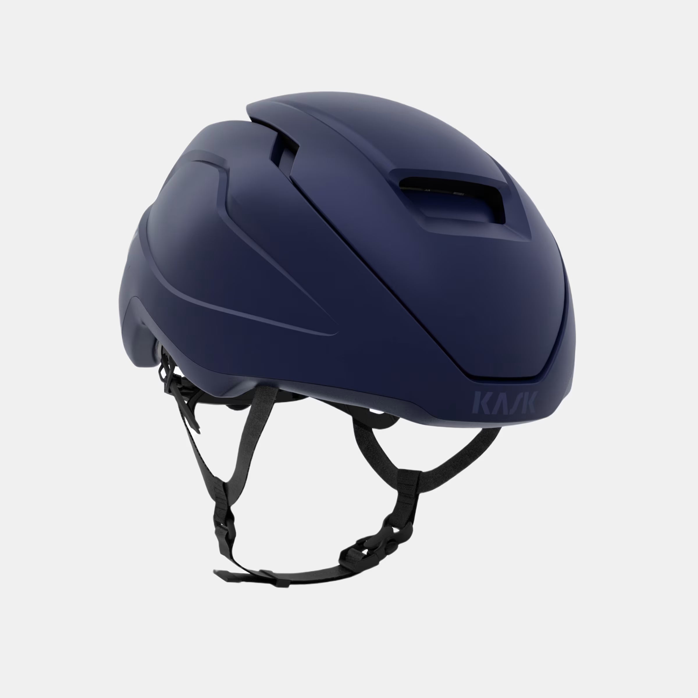 Kask Wasabi Helmet - Blue Matt side view with adjustable vent and sleek aerodynamic design against gray background