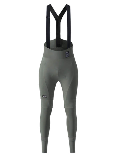 Image of GOBIK Absolute 6.0 K9 Women's Bib Tights: Olive green, full-length cycling tights with black shoulder straps and padding in the seat area for comfort.