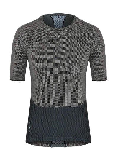 Front view of a GOBIK women's short-sleeved base layer top in black, showcasing a breathable mesh design with a hexagonal pattern and a discreet GOBIK logo at the collar.