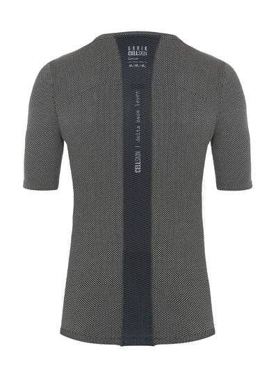 Front view of a GOBIK women's short-sleeved base layer top in black, showcasing a breathable mesh design with a hexagonal pattern and a discreet GOBIK logo at the collar.