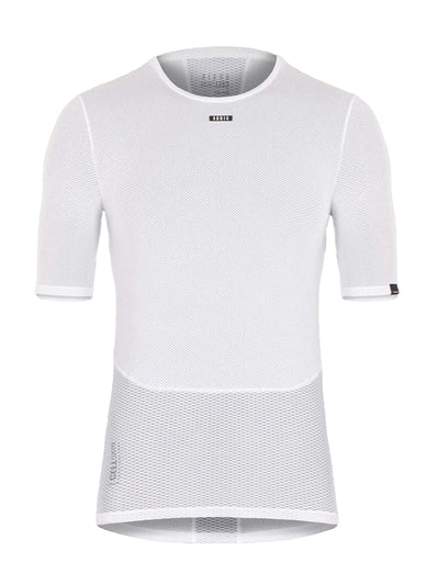 Front view of a GOBIK women's short-sleeved base layer top in white, showcasing a breathable mesh design with a hexagonal pattern and a discreet GOBIK logo at the collar.