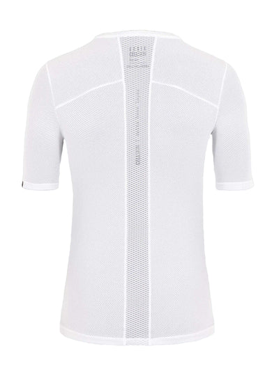 Rear view of a GOBIK women's short-sleeved base layer top in white, showcasing a breathable mesh design with a hexagonal pattern and a discreet GOBIK logo at the collar.