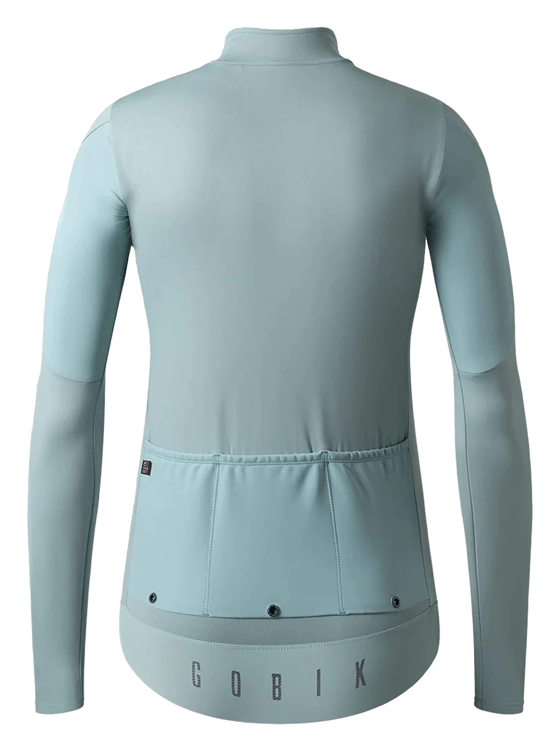 Back view of GOBIK Envy Jacket - Women's in light blue with rear pockets and long sleeves for cycling performance