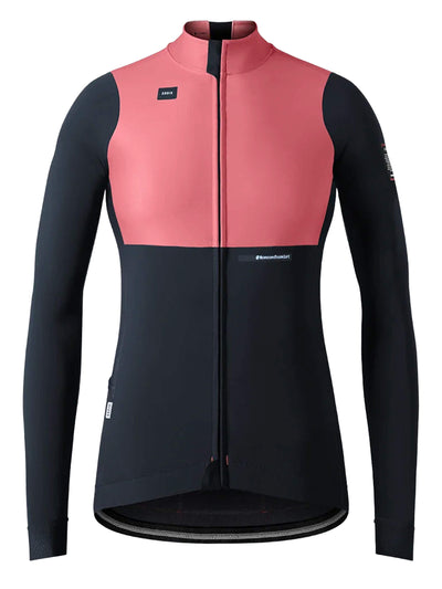 A pink and black women's long sleeve jersey for cycling, perfect for cool weather conditions, wind, or light rain.