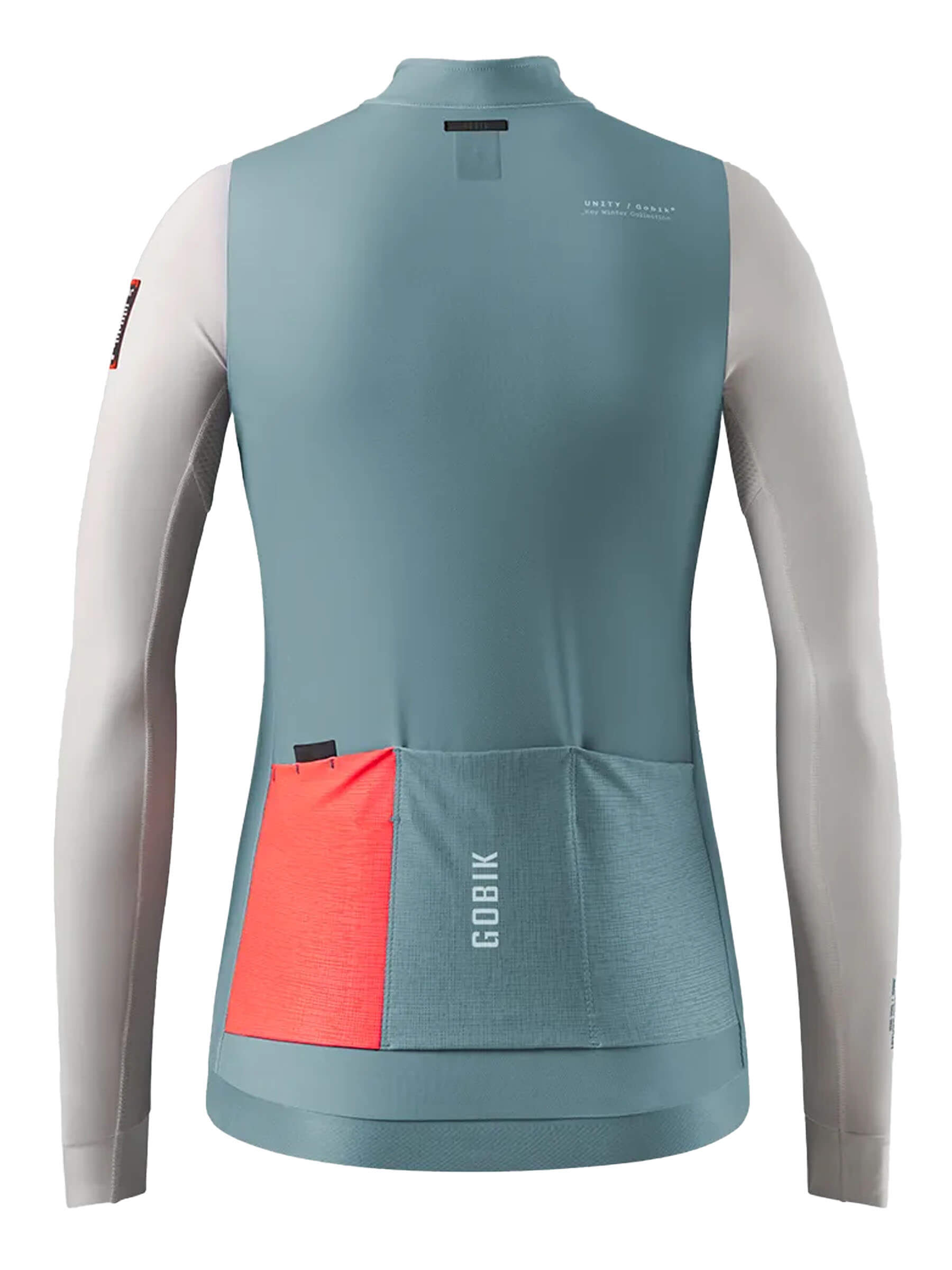 Back view of GOBIK Superhyder Long Sleeve Jersey - Women's with light grey sleeves and blue body featuring orange rear pocket