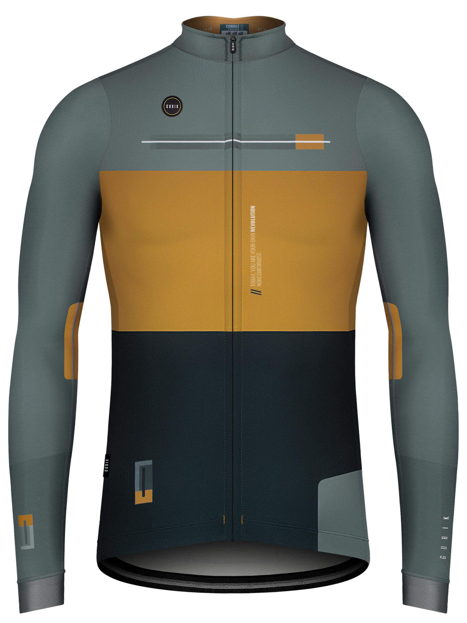 GOBIK Cobble Long Sleeve Jersey - Men's (2022) in muted blue, mustard, and black, slim fit with full zipper and long sleeves