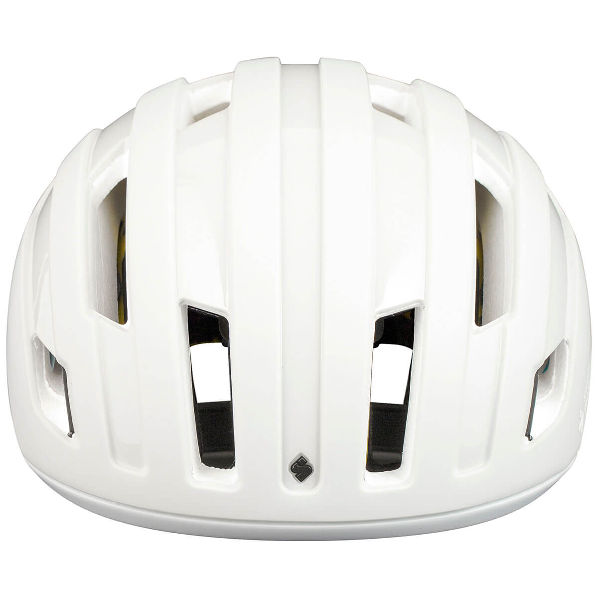 Front view of white Sweet Protection Outrider Mips Helmet showing ventilation and compact design for road or gravel biking