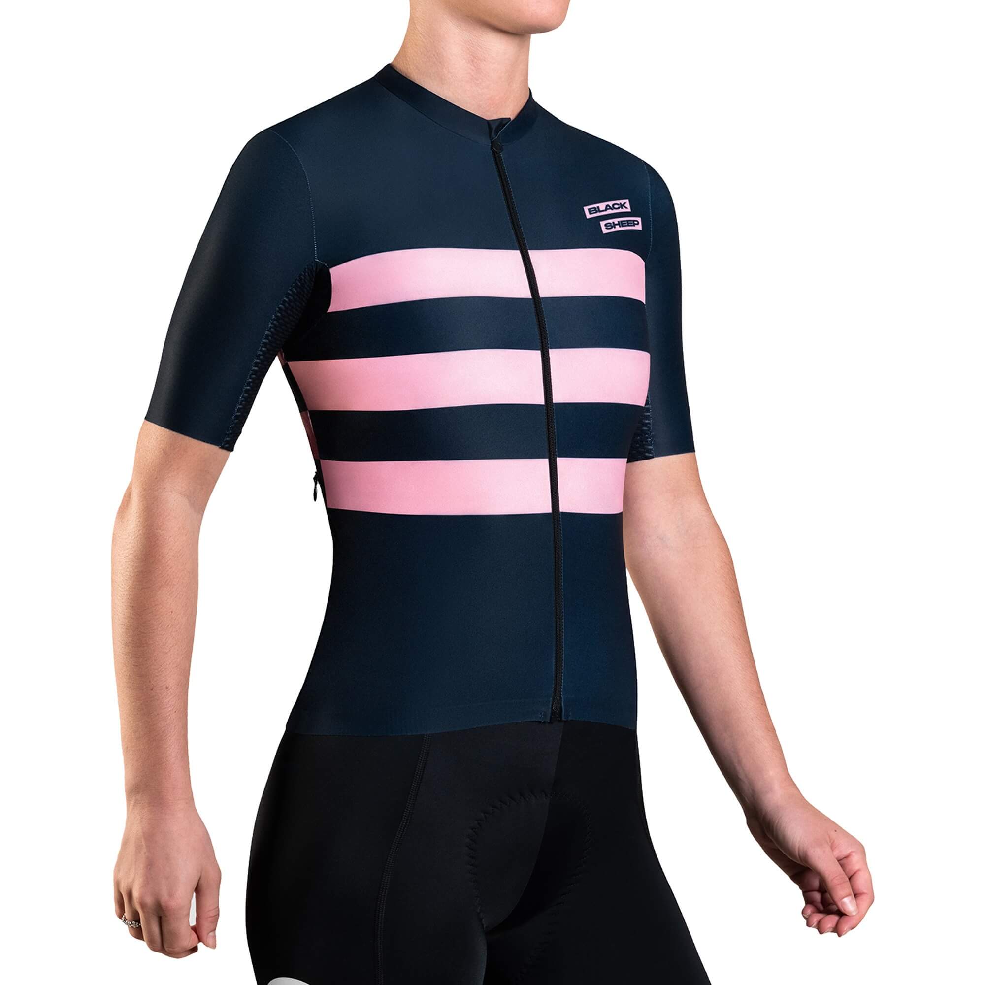 Black Sheep Cycling Women's Classic LTD WMN Jersey in navy with pink stripes modeled on torso with short sleeves and front zipper