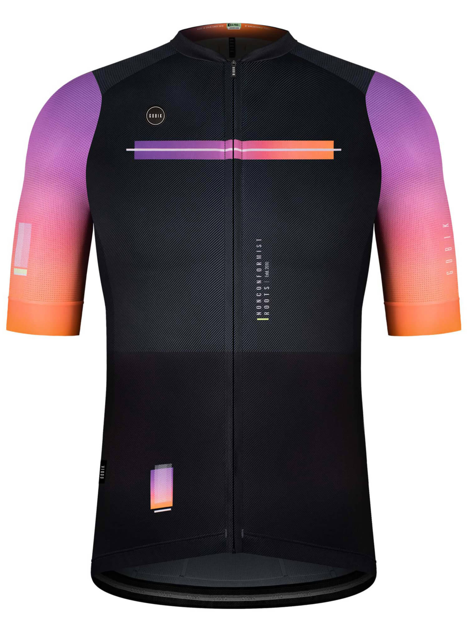 GOBIK CX Pro Unisex Short Sleeve Jersey - SS21 in black with purple and orange gradient sleeves, lightweight and breathable design