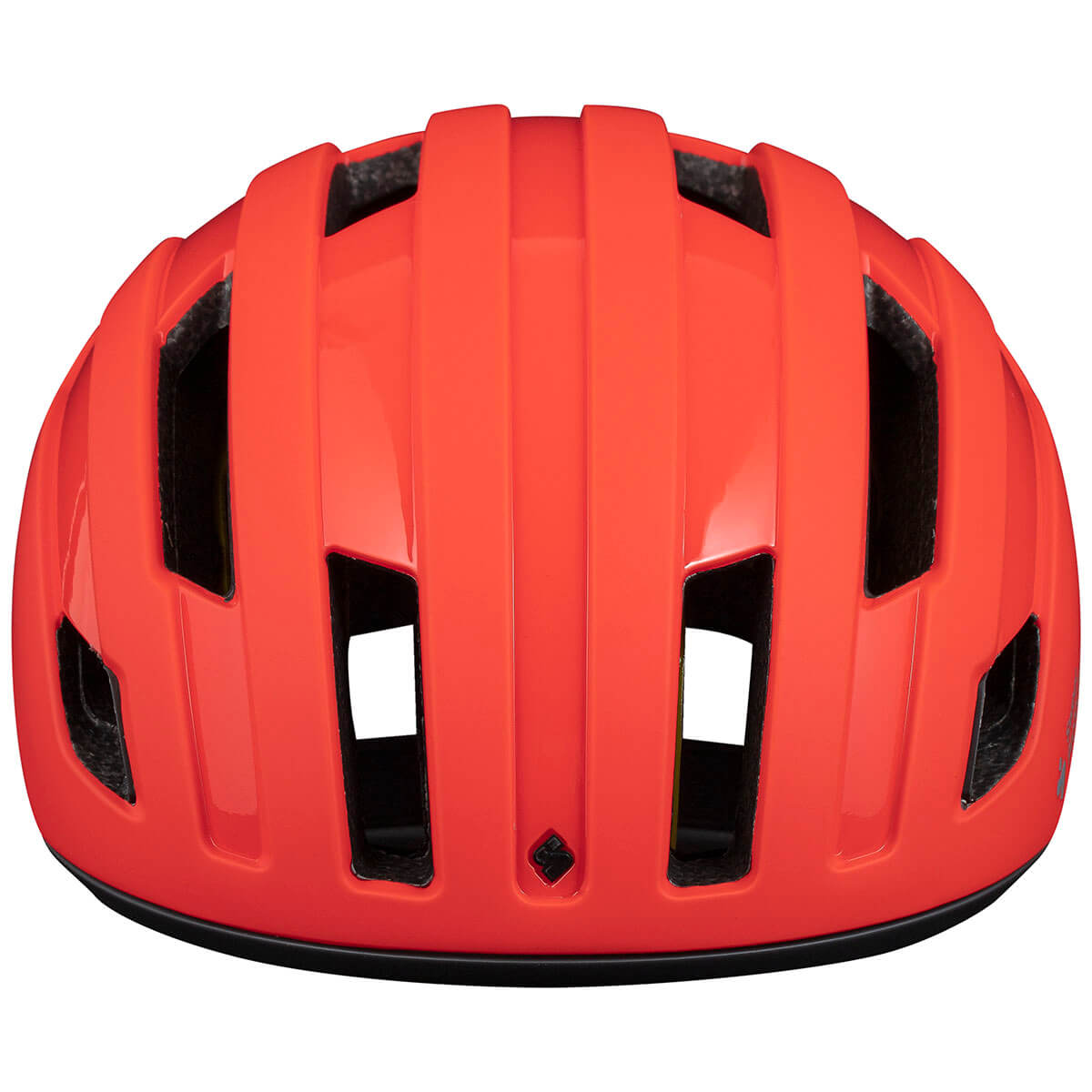 Front view of bright orange Sweet Protection Outrider Mips Helmet with large ventilation openings and sleek design