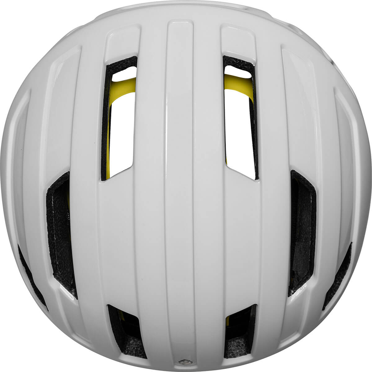 Top view of Sweet Protection Outrider Mips Helmet in white with multiple ventilation openings and impact protection technology