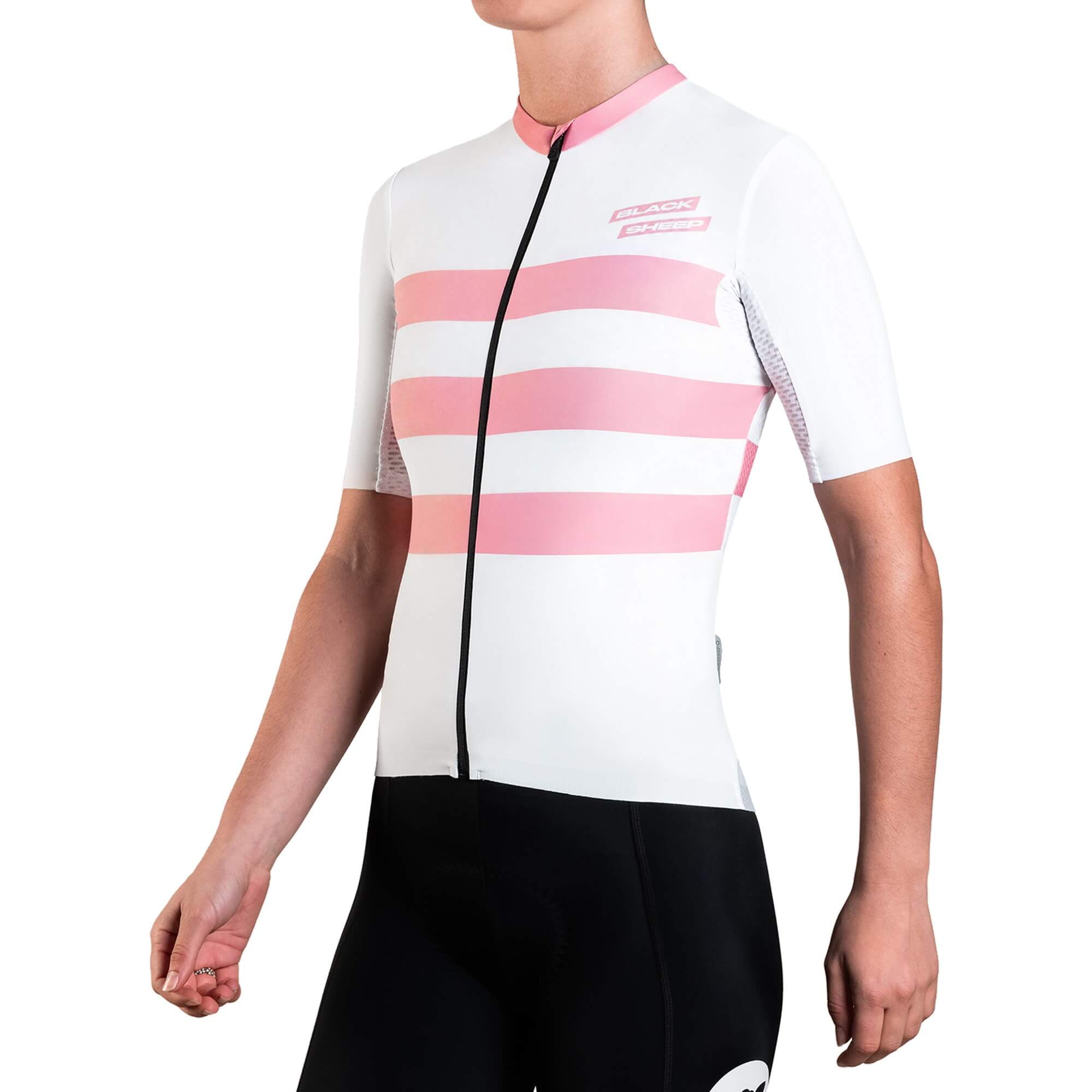 Black Sheep Cycling Women's Classic LTD WMN Jersey in white with pink stripes modeled on a person with black shorts