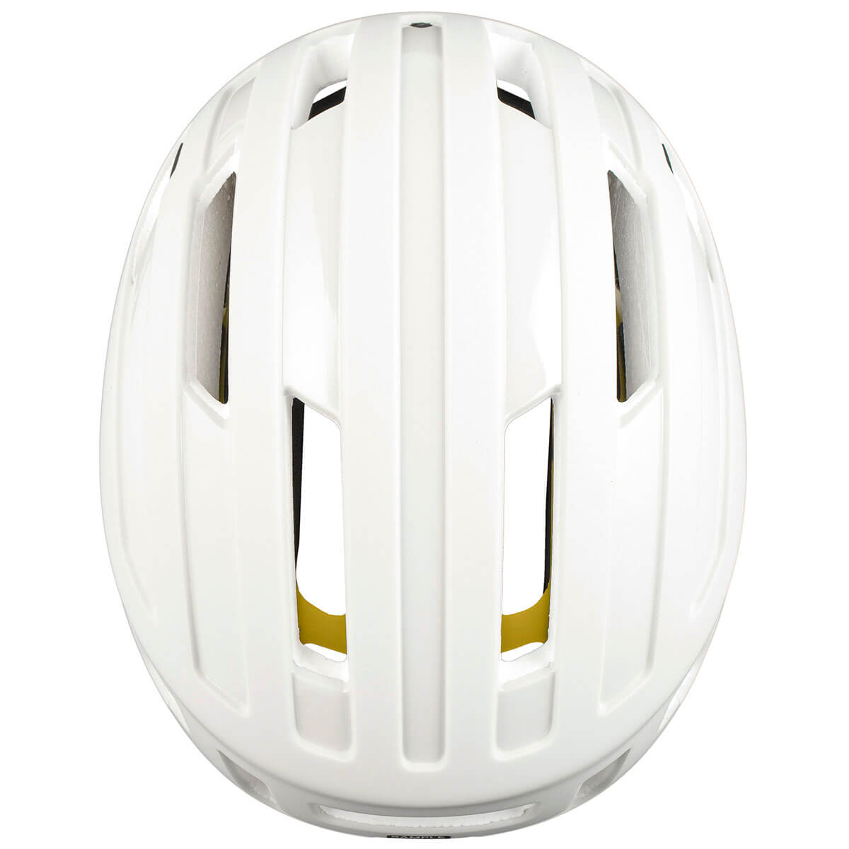 Top view of the white Sweet Protection Outrider Mips Helmet showing its ventilated design and compact shape