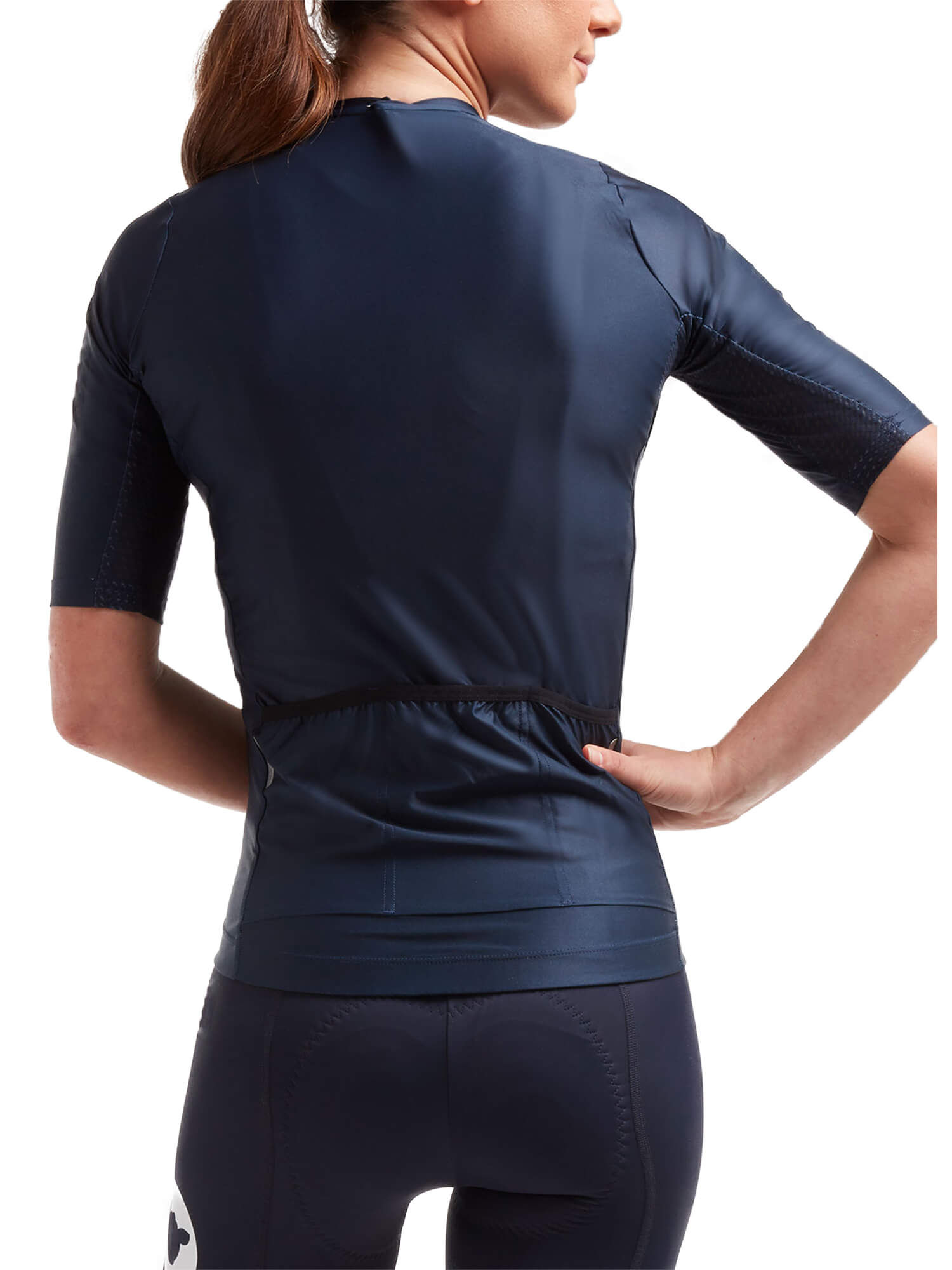 Back view of a woman wearing Black Sheep Cycling Essentials TEAM Jersey - Women's in navy blue with fitted design and short sleeves