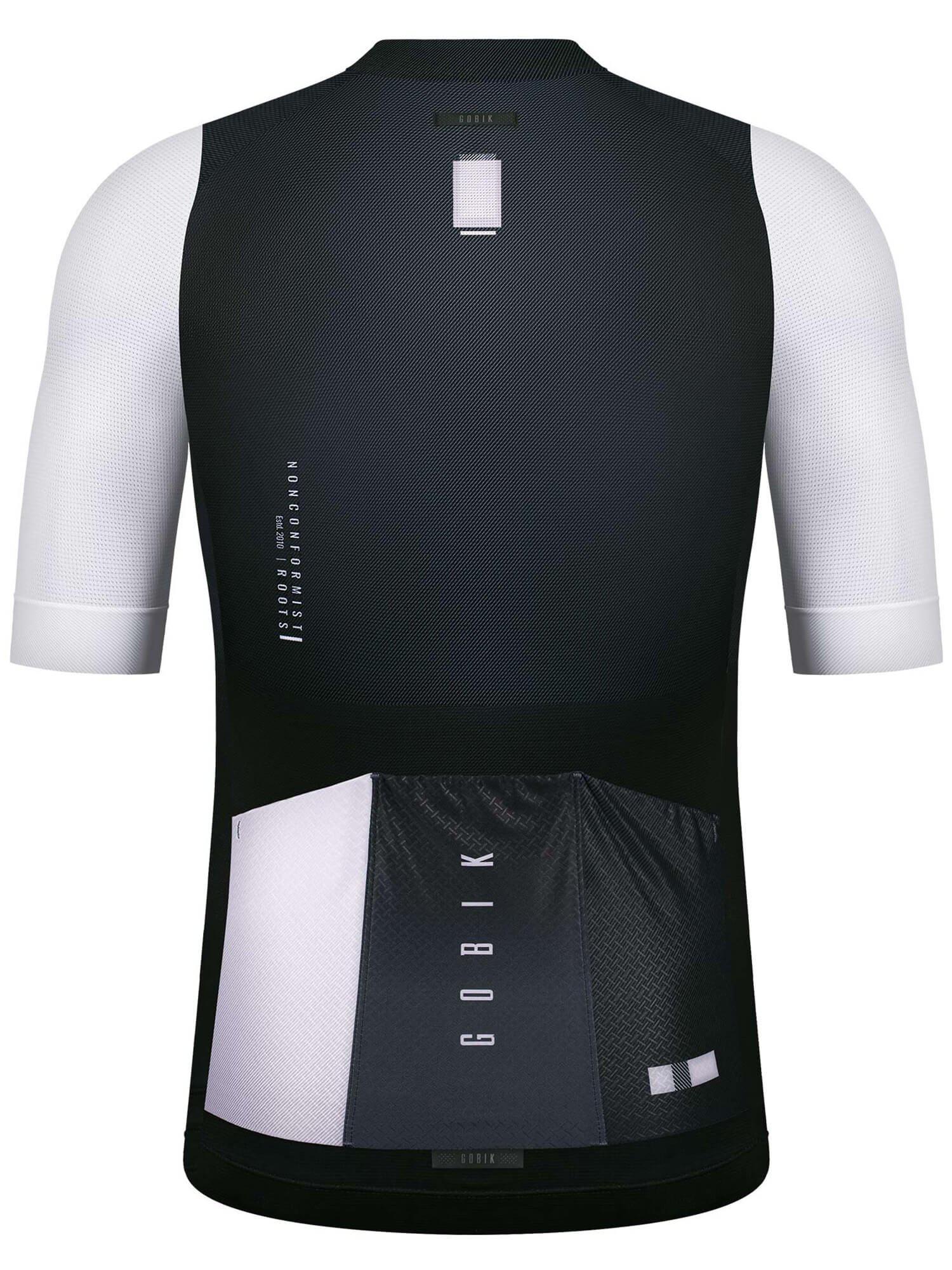 Back view of the GOBIK CX Pro Unisex Short Sleeve Jersey - SS21 in black and white with breathable fabric and rear pockets.