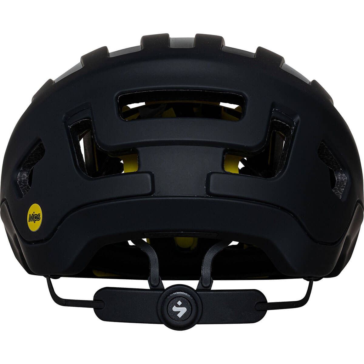 Rear view of Sweet Protection Outrider Mips Helmet showing ventilation and adjustable fit system in black and yellow