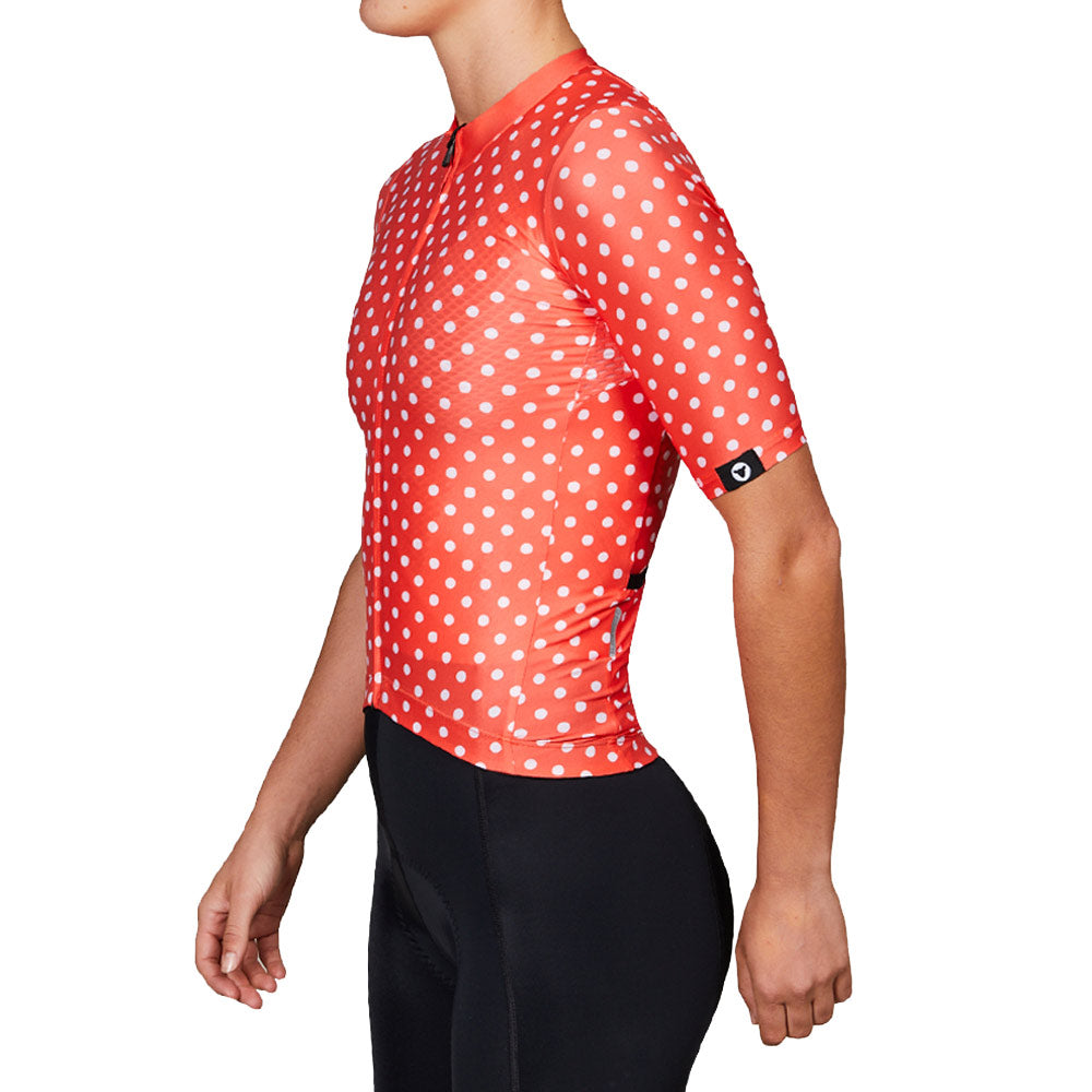 Black Sheep Cycling Women's TC19 Dot Jersey - Warm Red with white dots, lightweight and form-fitting design on a model