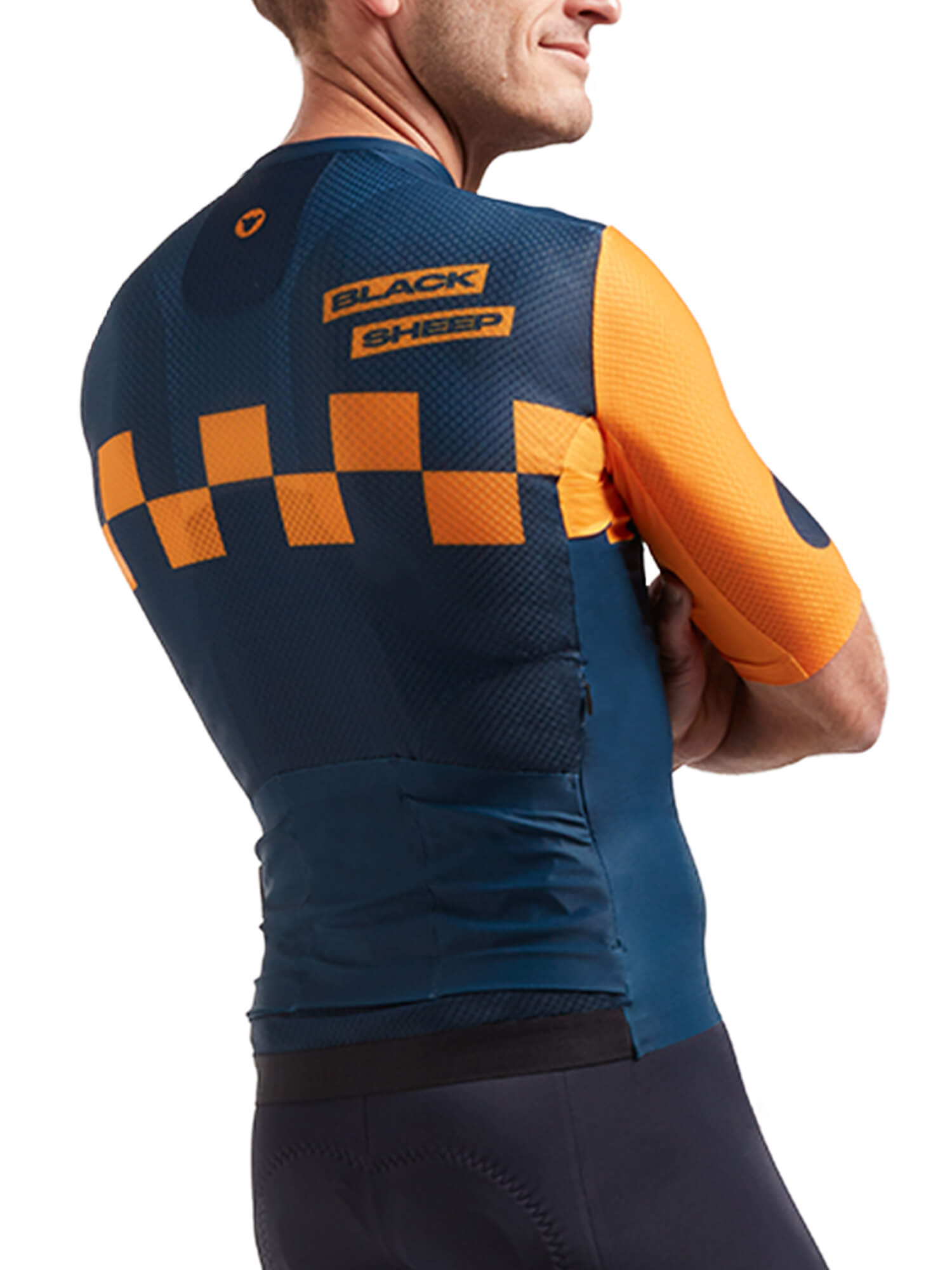 Rear view of a cyclist wearing Black Sheep Cycling Men's LTD Grand Prix Racing Aero Jersey with blue and orange design
