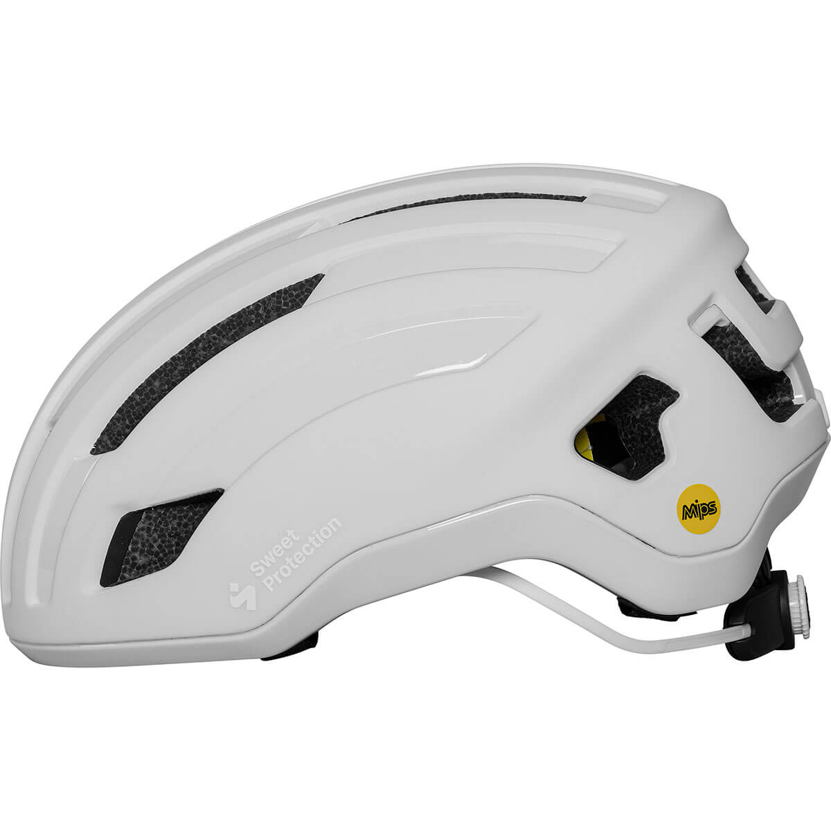 Side view of Sweet Protection Outrider Mips Helmet in white with ventilation and rear adjustment dial visible