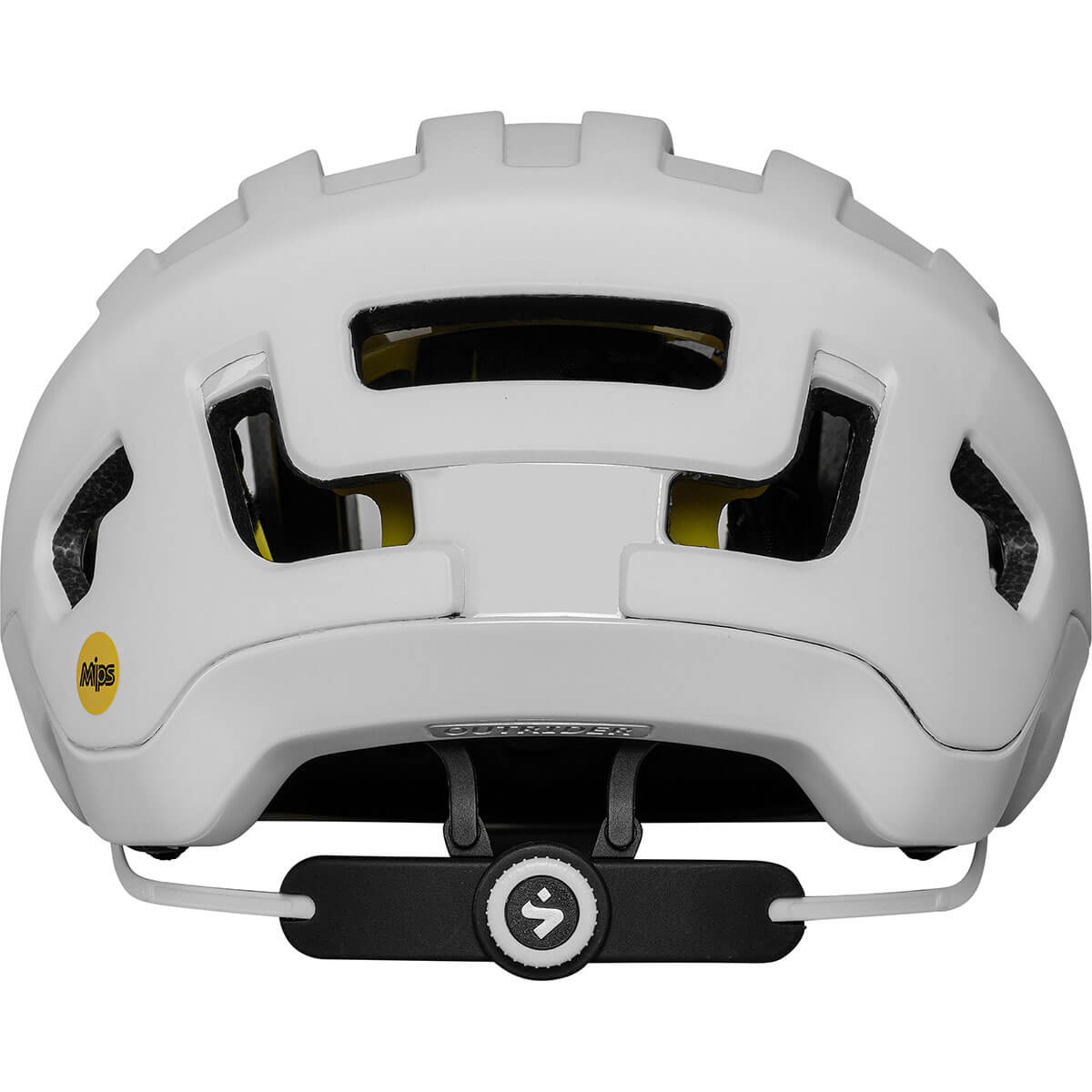 Rear view of white Sweet Protection Outrider Mips Helmet showing ventilation and adjustable fit system.