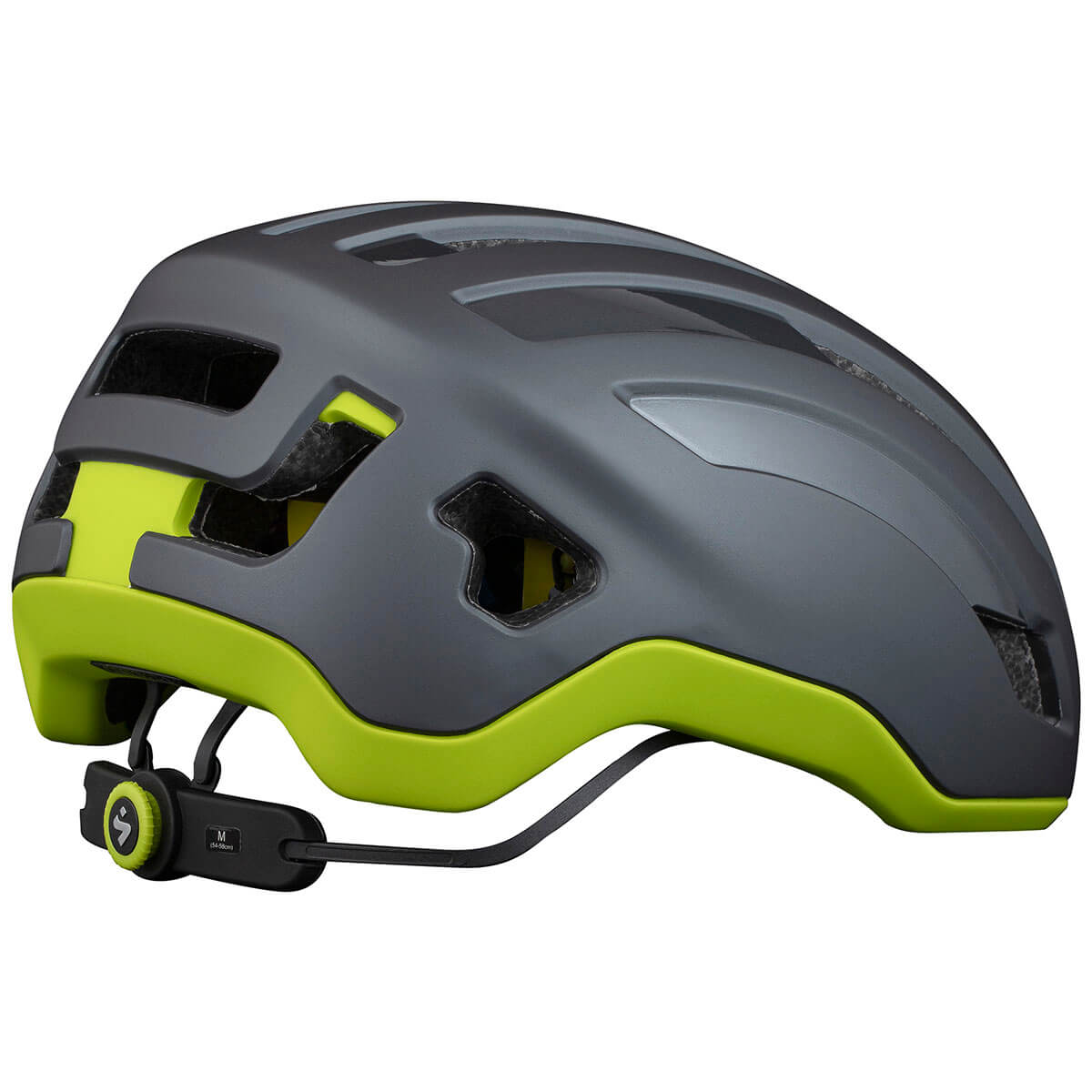 Side view of Sweet Protection Outrider Mips Helmet in gray with neon green trim and adjustable fit system