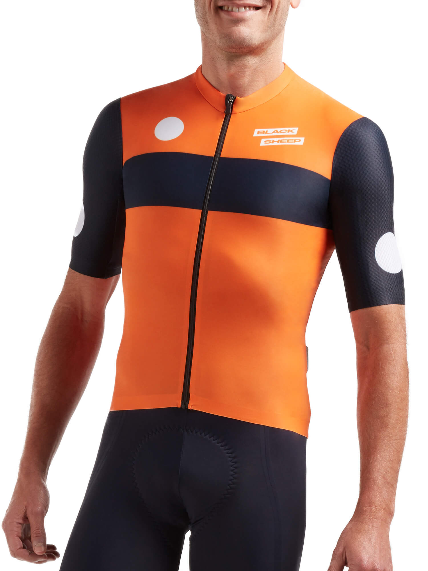 Black Sheep Cycling Men's LTD Grand Prix Racing Aero Jersey in orange and black with polka dot design on sleeves and chest