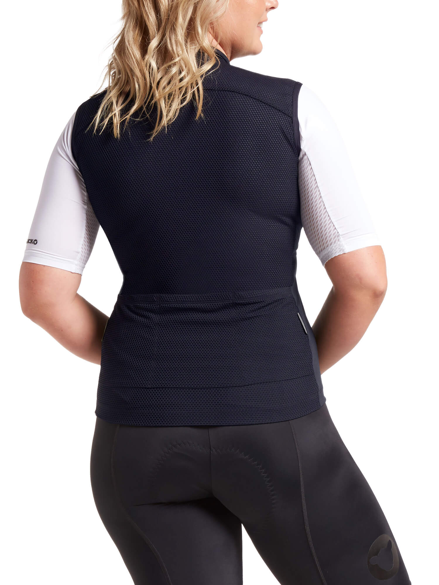 Back view of a woman wearing Black Sheep Cycling Essentials TEAM Vest SS22-Women's in black over white sleeves