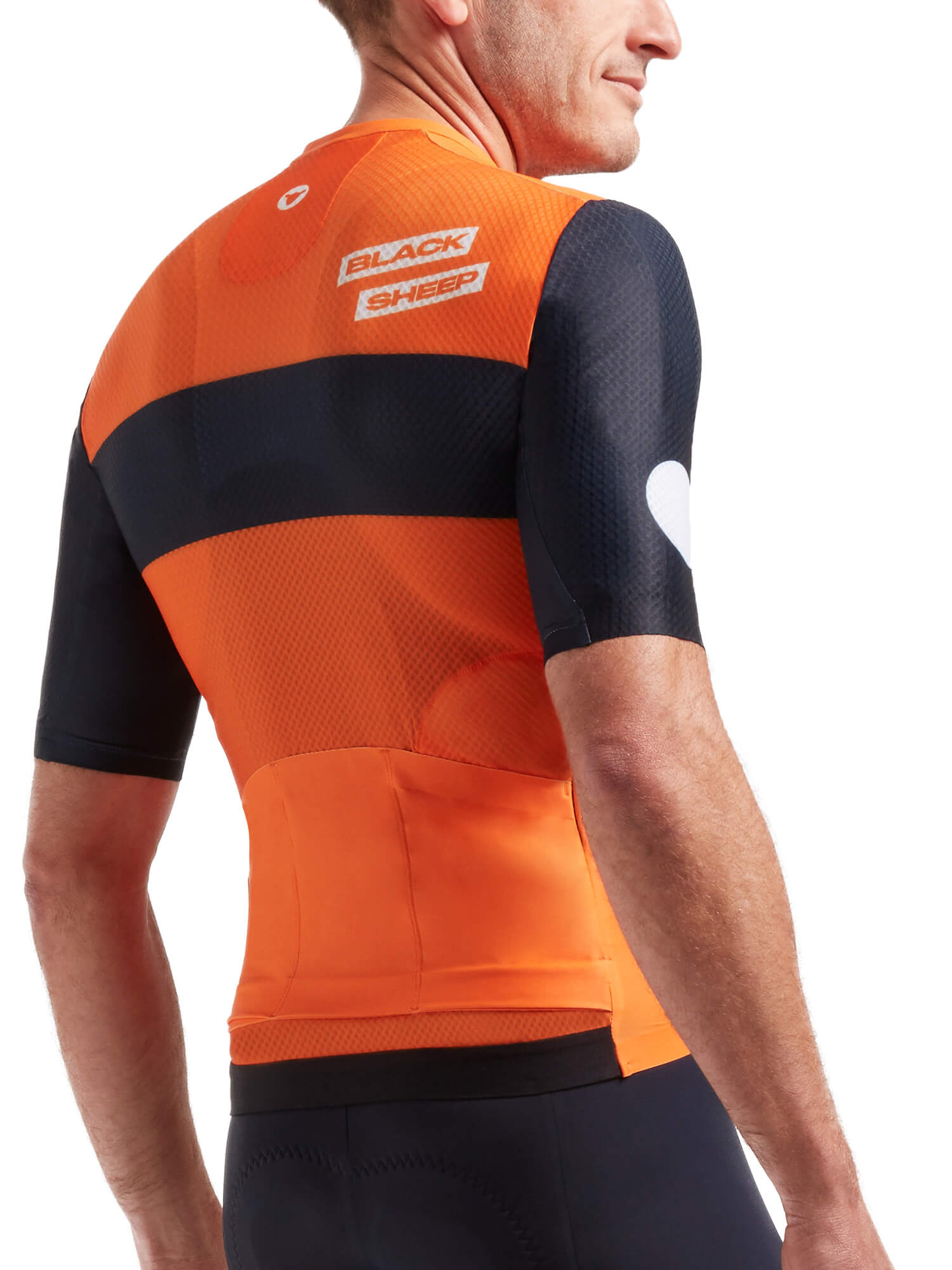 Man wearing Black Sheep Cycling Men's LTD Grand Prix Racing Aero Jersey in orange with black stripe and logo on back