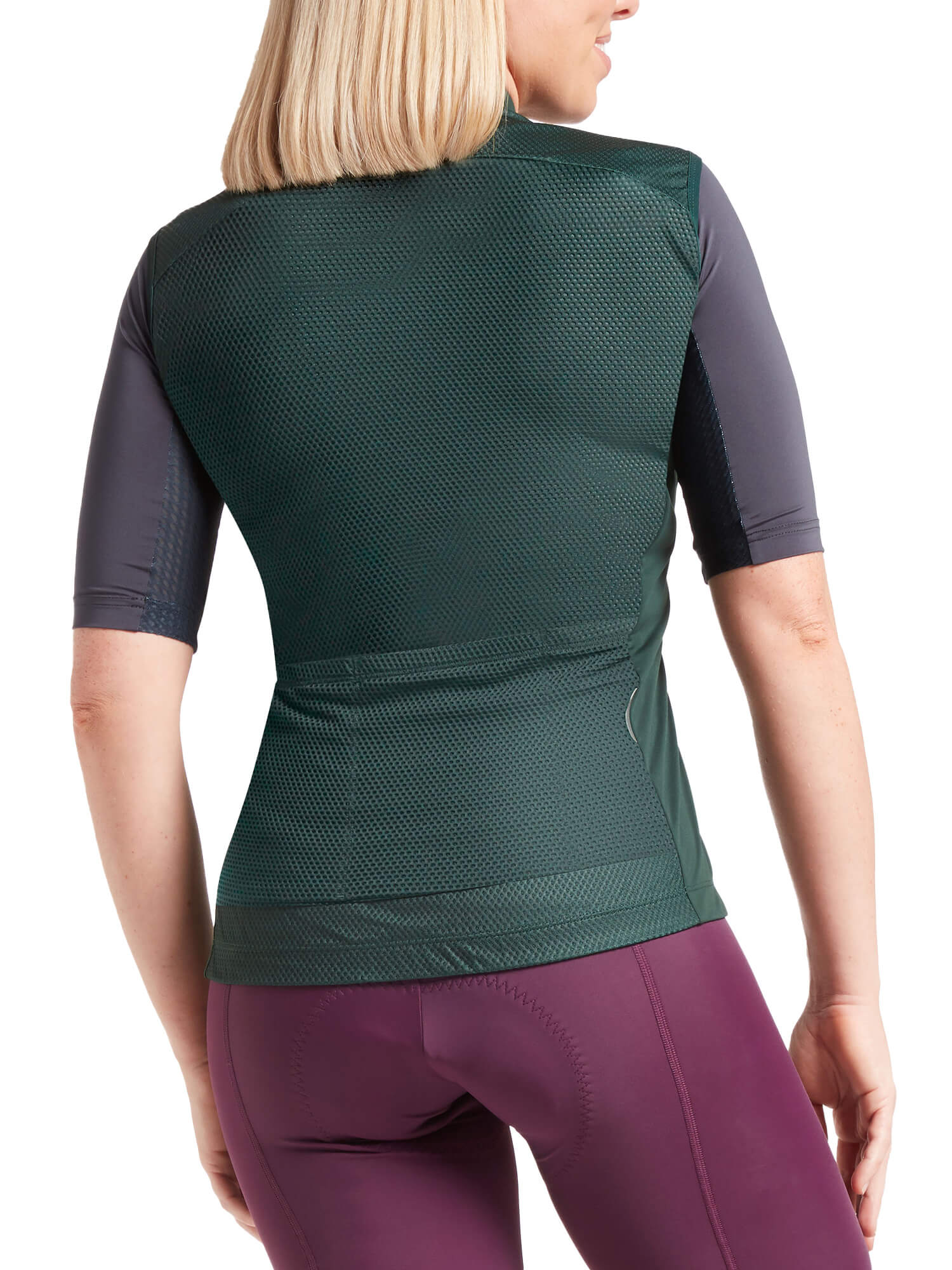 Rear view of woman wearing Black Sheep Cycling Essentials TEAM Vest SS22-Women's with mesh texture and short sleeves