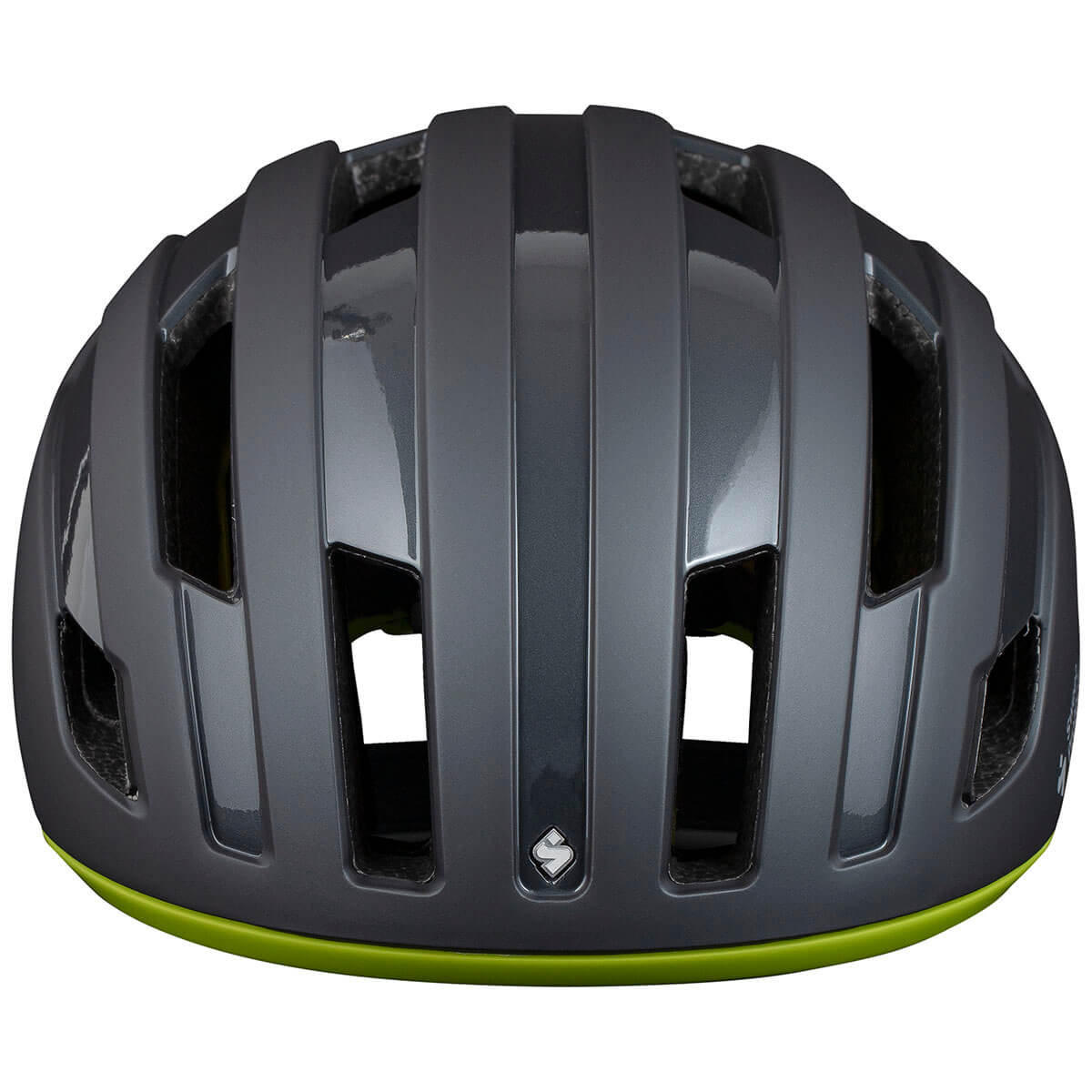 Front view of Sweet Protection Outrider Mips Helmet in dark gray with ventilation slots and lime green trim on base
