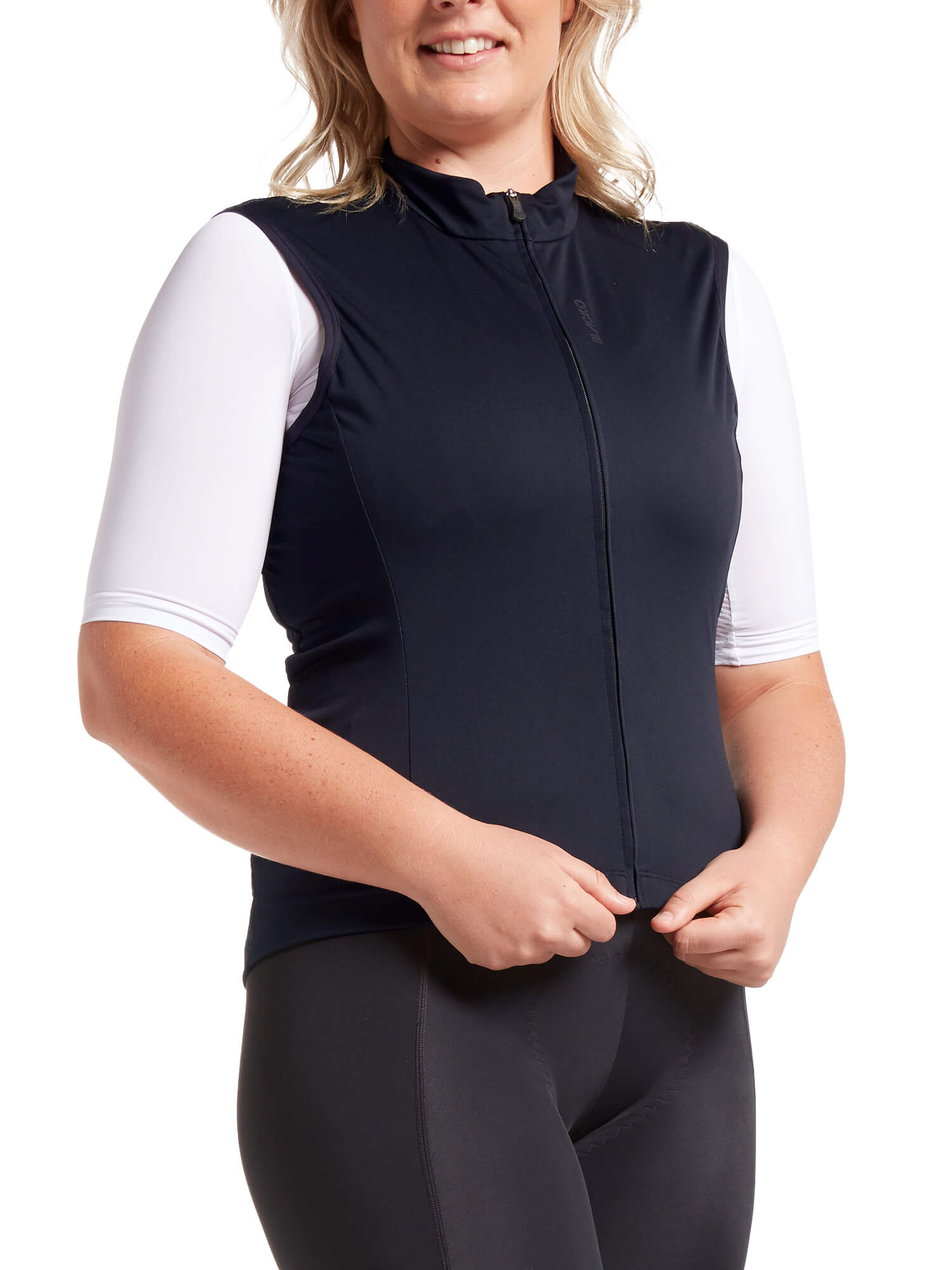 Woman wearing Black Sheep Cycling Essentials TEAM Vest SS22-Women's over white short sleeve top against white background