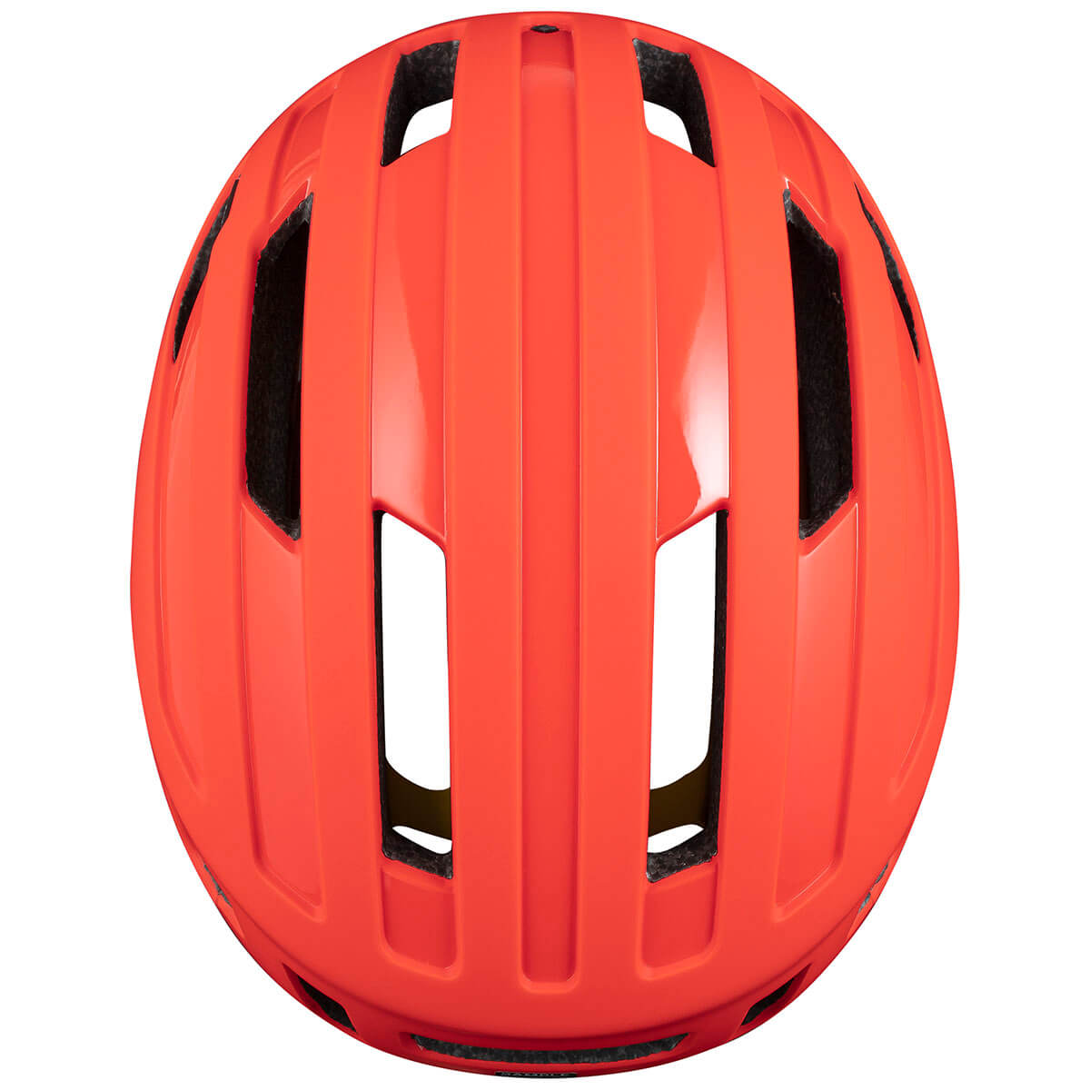 Top view of bright orange Sweet Protection Outrider Mips Helmet highlighting ventilation and sleek design features