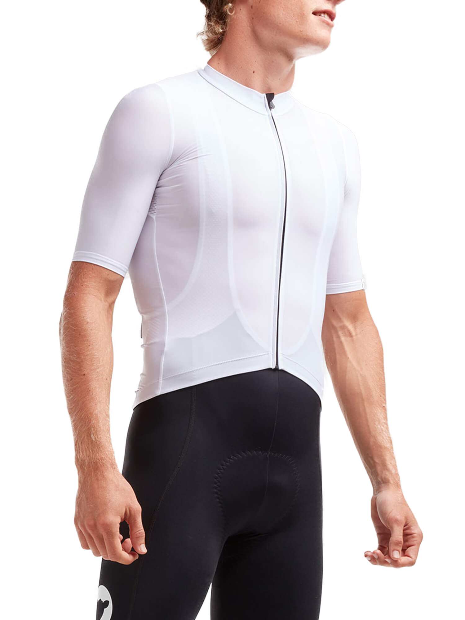 Male model wearing Black Sheep Cycling Essentials TEAM Jersey - Men's in white with black cycling shorts against a white background