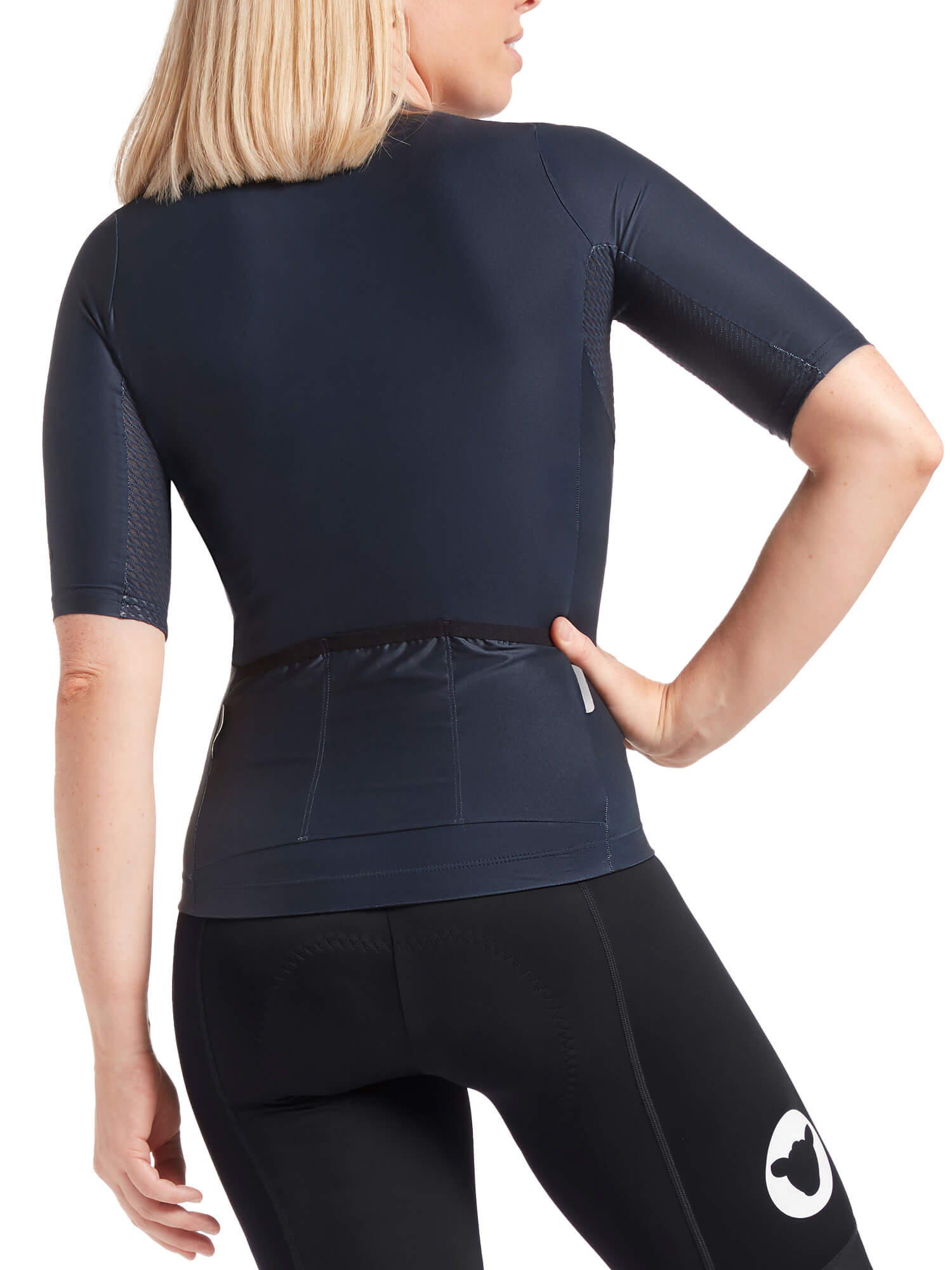 Back view of woman wearing Black Sheep Cycling Essentials TEAM Jersey SS22- Women's with race fit and short sleeves
