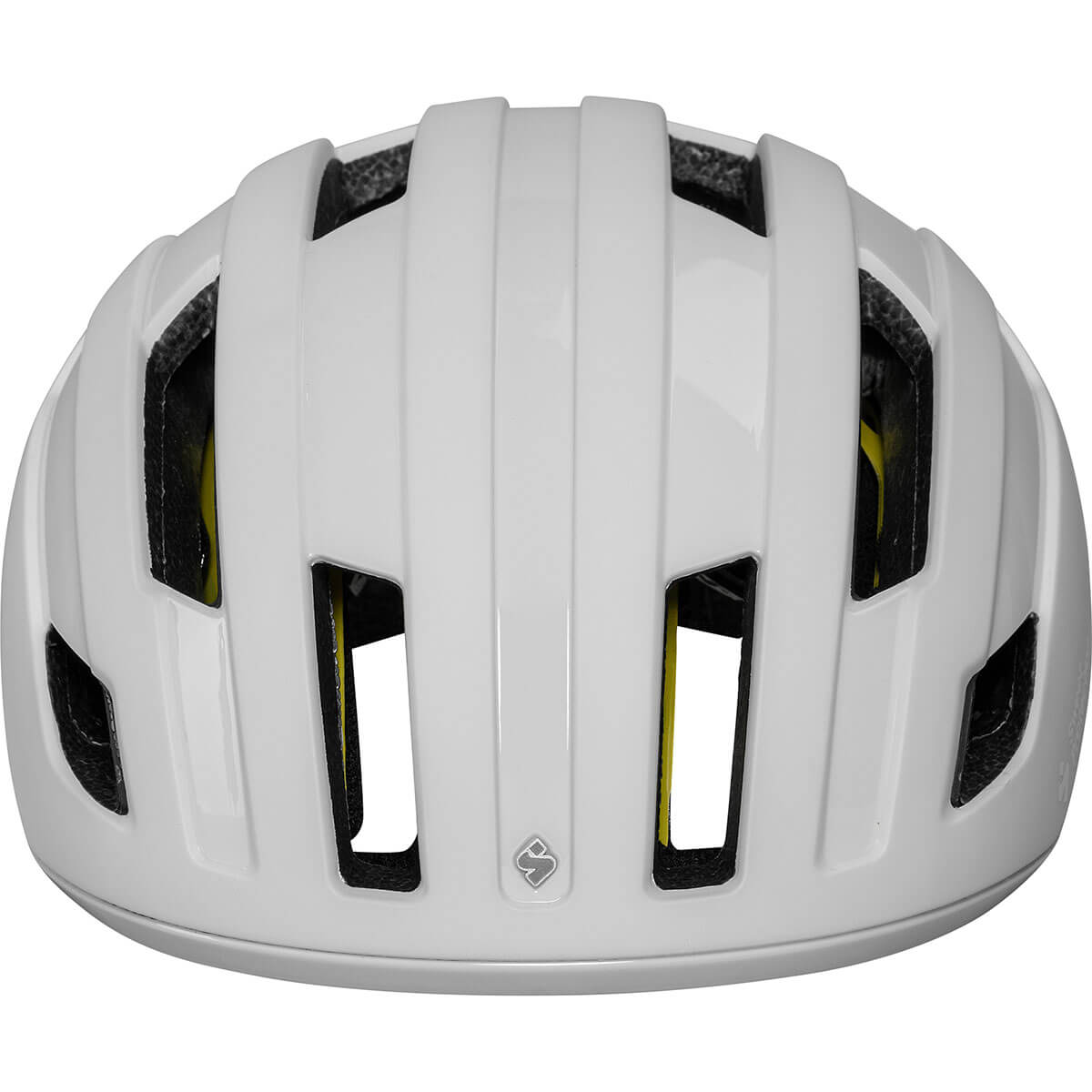 Sweet Protection Outrider Mips Helmet front view in white with multiple vents for road and gravel biking safety