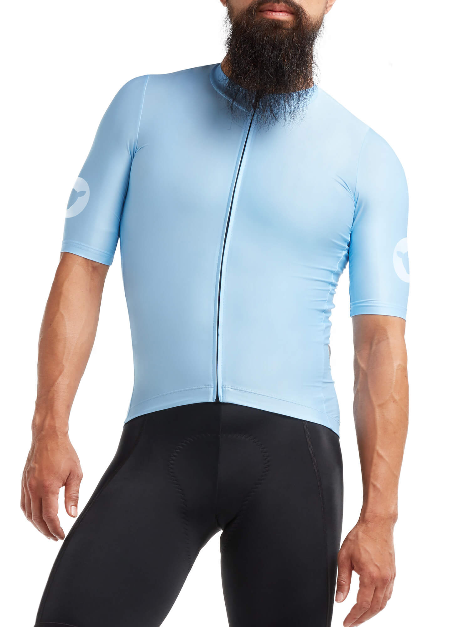 Man wearing light blue Black Sheep Cycling Essentials TEAM Jersey - Men's with a slim, athletic fit and short sleeves