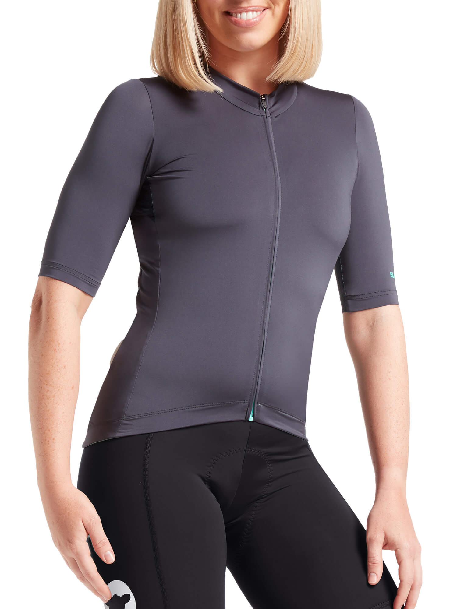 Woman wearing Black Sheep Cycling Essentials TEAM Jersey SS22- Women's in grey with full zipper and short sleeves