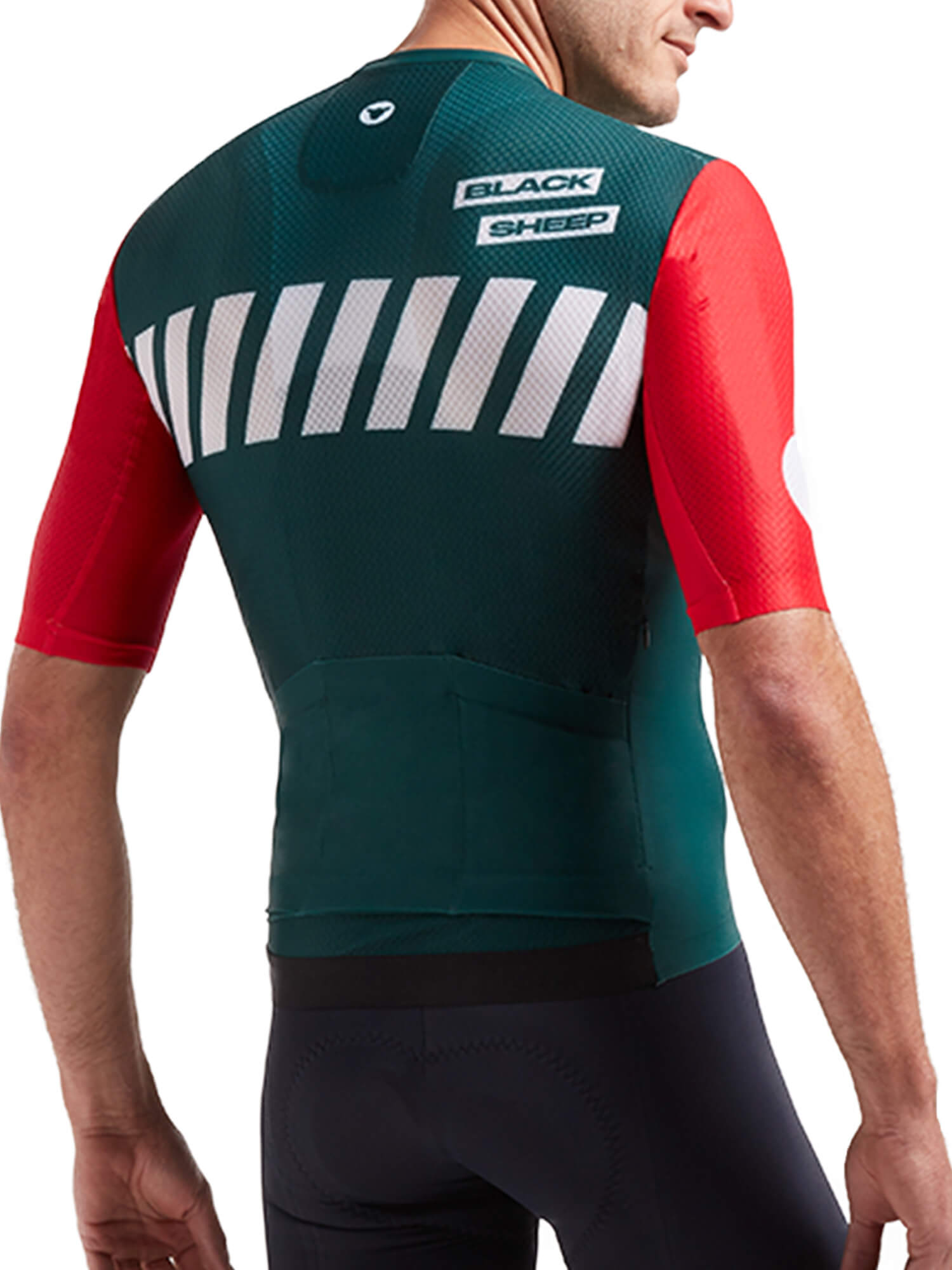 Rear view of man wearing Black Sheep Cycling Men's LTD Grand Prix Racing Aero Jersey with green back and red sleeves