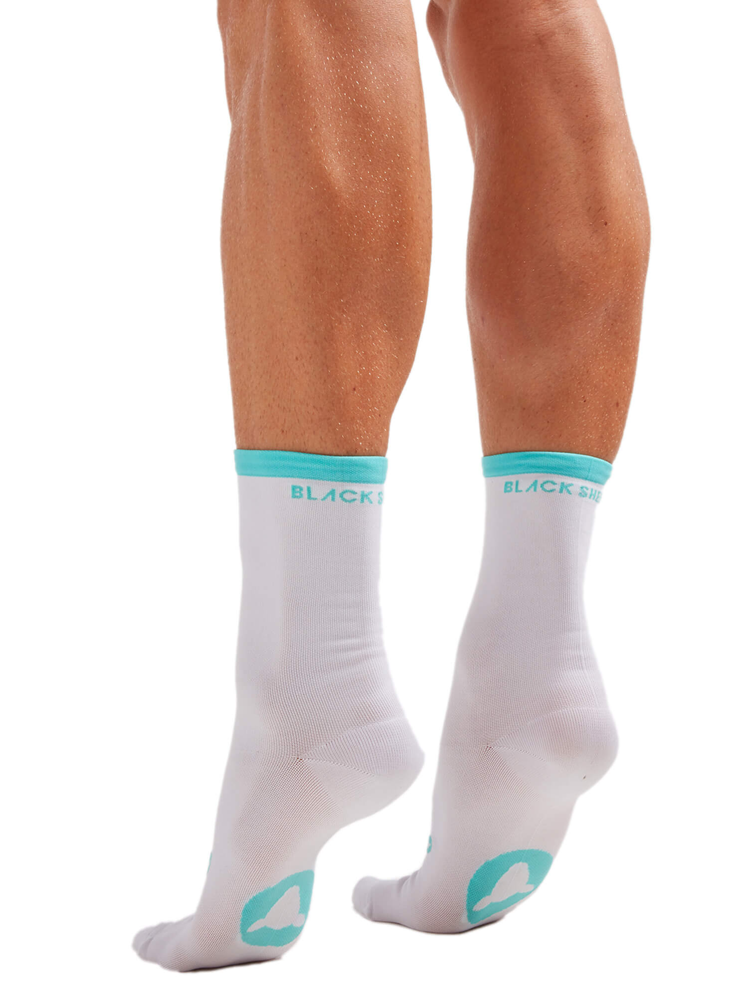 White and turquoise Black Sheep Cycling Perfect Crew Stripe Socks worn on feet with moisture-wicking and compression fit