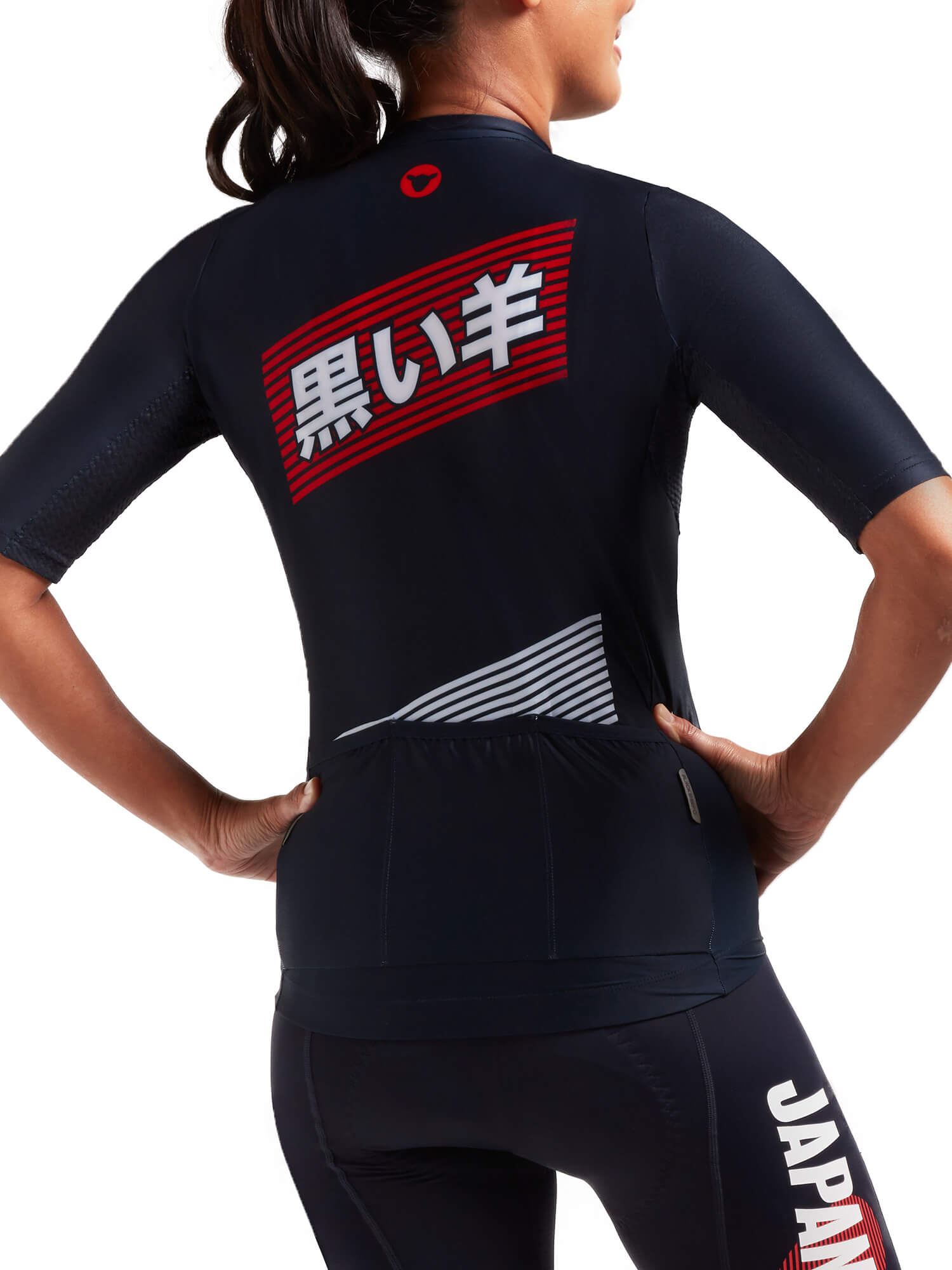 Black Sheep Cycling Women's Essentials TEAM Jersey - LTD Japan shown from the back with Japanese character design.